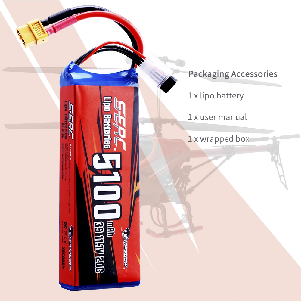 Sunpadow 3S 20C Lipo Battery 5100mAh 11.1V with XT60 Plug for RC Airplane Helicopter Drone FPV Quadcopter Model Racing