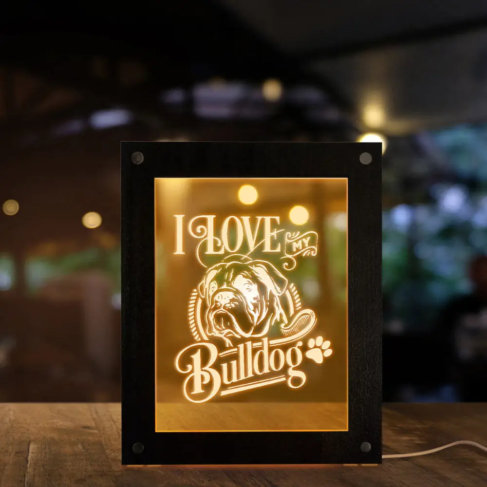 

I Love my Bulldog Footprint 3D Optical illusion Light Photo Frame Dog Lover Gift English Bulldog British Bulldog Doggie Portrait