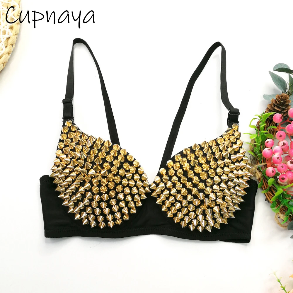 Cupnaya Punk Spikes Rivets Sexy Women Push Up Padded Bustier Sparkly Nightclub Girl Gold Studs Cropped Top Corset SM Vest