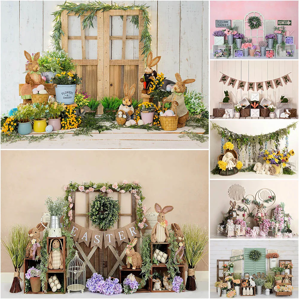 

Easter Backdrop Spring Garden Photography Background Vintage Wooden Door Rabbit Bunny Flower Decor Photo Props Studio Booth