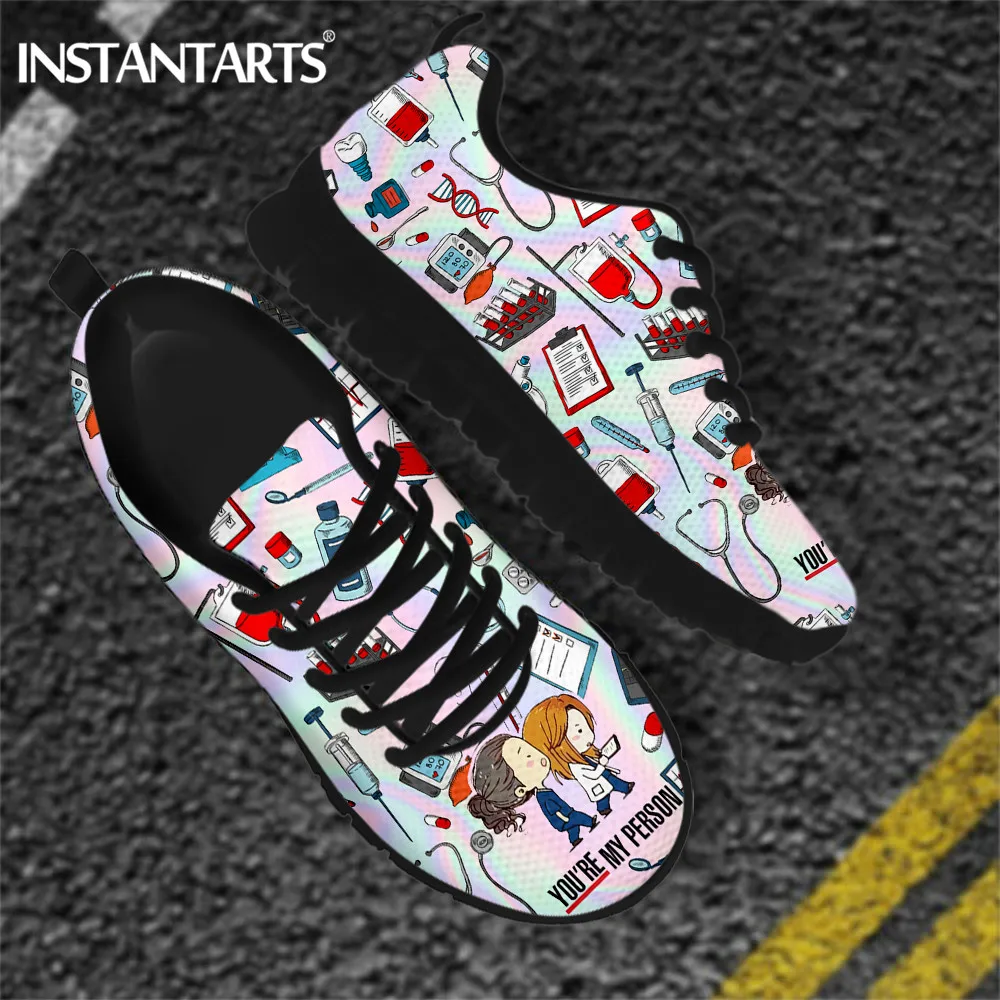 INSTANTARTS Breathable Medical Nurse Shoes Women Holographic Grey's Anatomy You're My Person Print Ladies Light Flat Sneakers