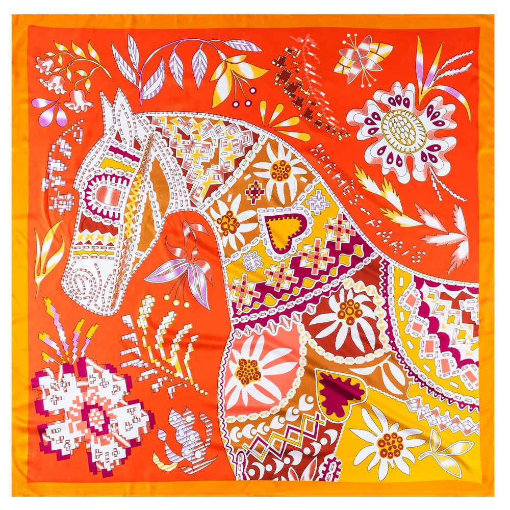 Silk Scarf Women Floral Horse Print Stoles Square Scarves Wraps Large Bandana NecKerchief Lady Hijabs Female Silk Foulards 130CM