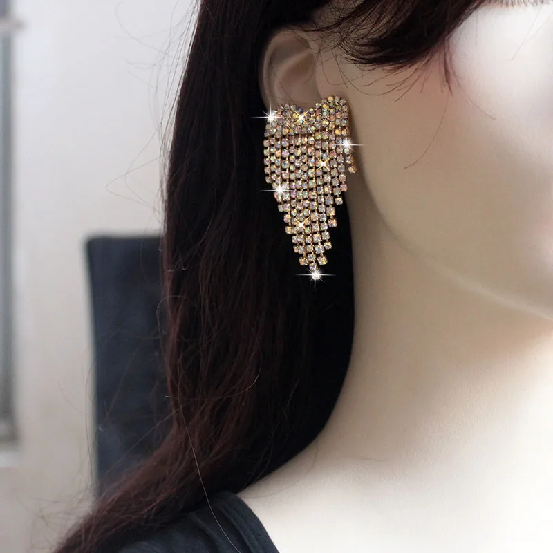 Luxury Rhinestone Tassel Earrings For Women Elegant Big Crystal Heart Drop Dangle Earrings Wedding Earring Jewelry Accessories