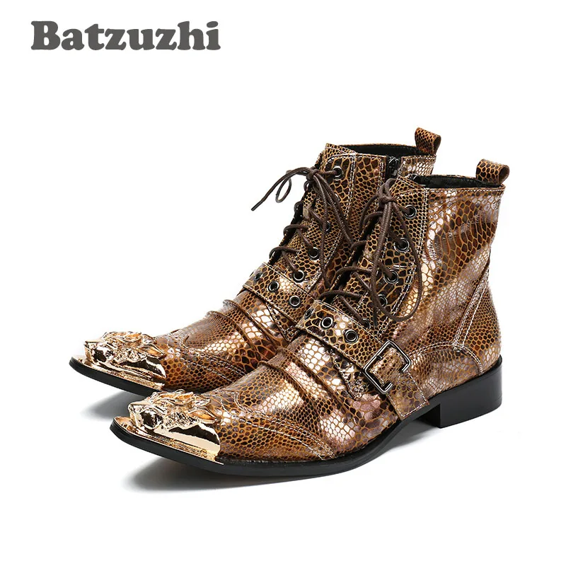 

Batzuzhi New Arrival Men's Ankle Boots Golden Snake Pattern Leather Short Boots Men with Golden Toe Motocycle Boots botas hombre