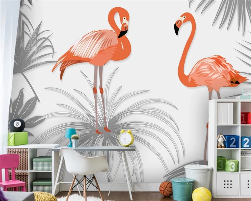 

beibehang Custom size wall papers home decor Hand drawn tropical plant flamingo Children's room background wall 3d wallpaper