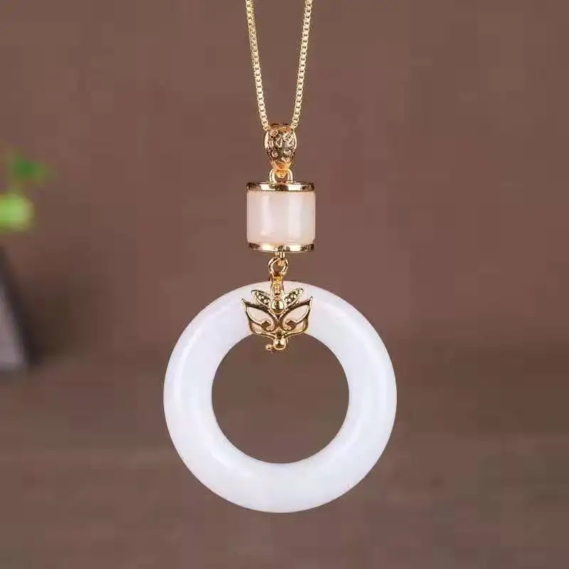 Natural Xinjiang White  Jade  925 Silver-inlaid Ping'an Ring Women's Necklace and Men's Pendant