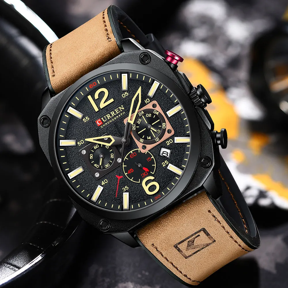 CURREN Sport Watches for Men Luxury Brand Blue Military Genuine Leather Wrist Watch Man Clock Fashion Chronograph Wristwatch