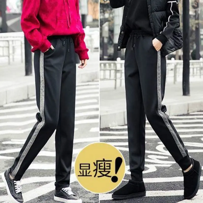 Black Velvet Sports Pants Female Autumn/Winter Ankle-Tied Harem Pants Korean Loose High Waist Thickened Exercise Pants for Women