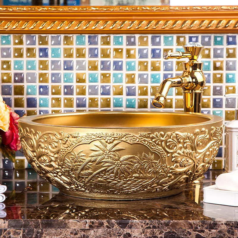 Porcelain Material Golden Carved Art Ceramic Bathroom Sink