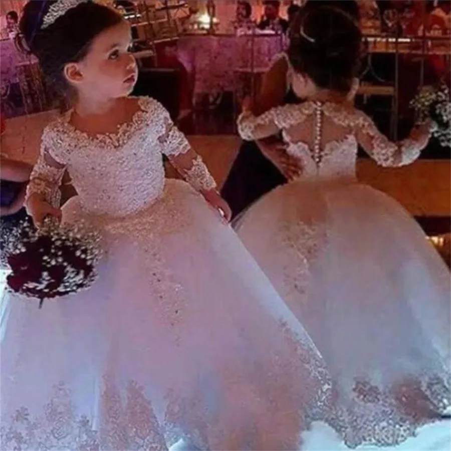 Vestido de manga larga para niña, vestidos de princesa con flores, apliques con cuentas, impresionante, bonito vestido de primera comunión blanco