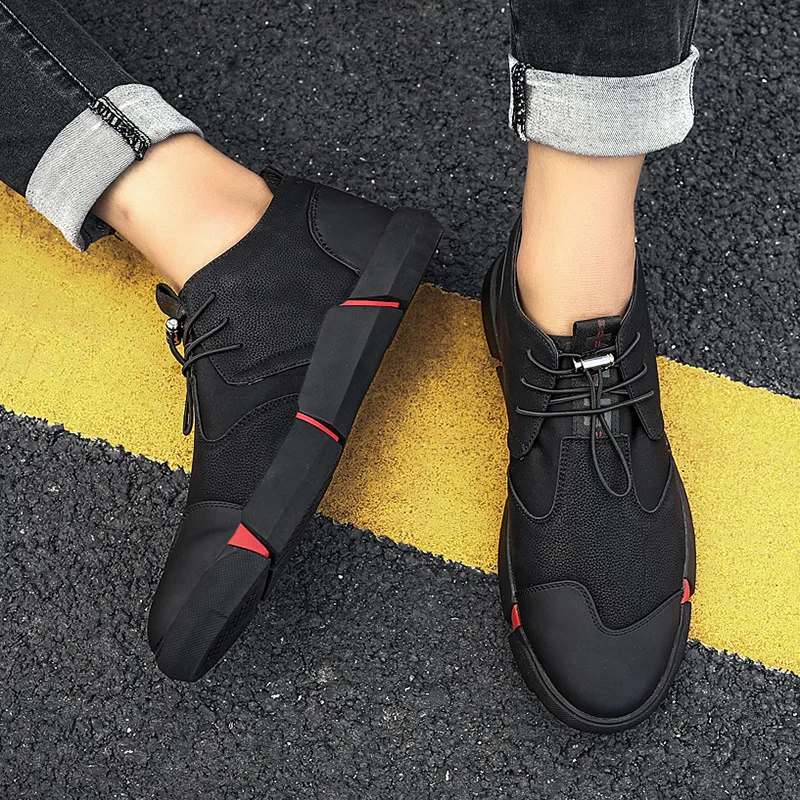 2019 BIG SIZE NEW Brand High quality all Black Men\'s leather casual shoes Fashion Sneakers flats Oxfords Shoes For Men tyu78