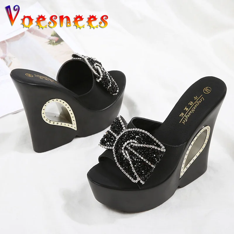 Women Slippers 2021 Summer Sell Well Diamond Bow Platform Thick Sole High Heels 13CM Outdoor Hollow Out Wedge Slides Beach Shoes