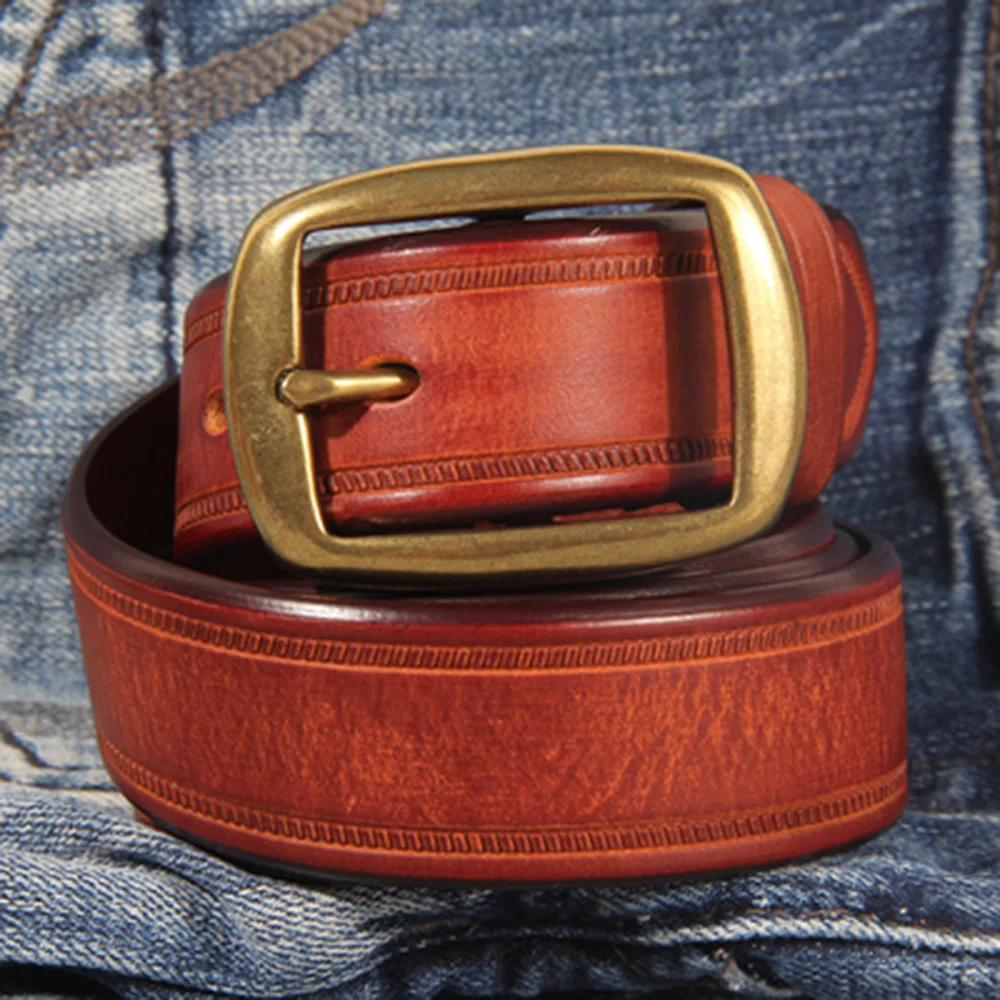 FAJARINA Top Quality Solid Pure Cow Skin Belts Men‘s Retro Cowhide Leather Brass Pin Buckle Metal Belt for Men 3.3cm N17FJ881