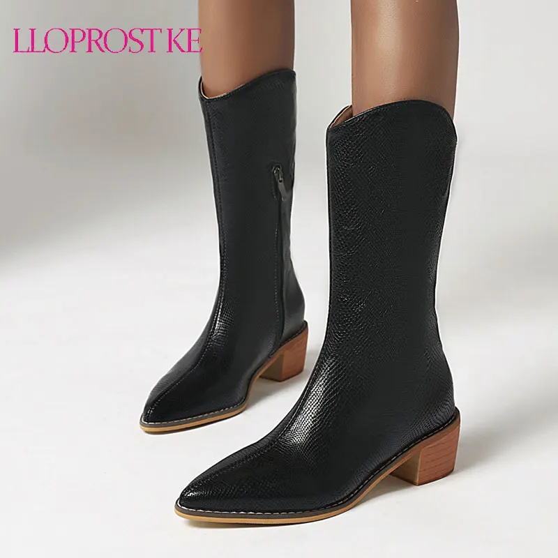 Lloprost ke Large Size 34-47 Black mid-calf Boots Women Winter Pleated Elegant pointed toe High Heels Shoes Woman western boots