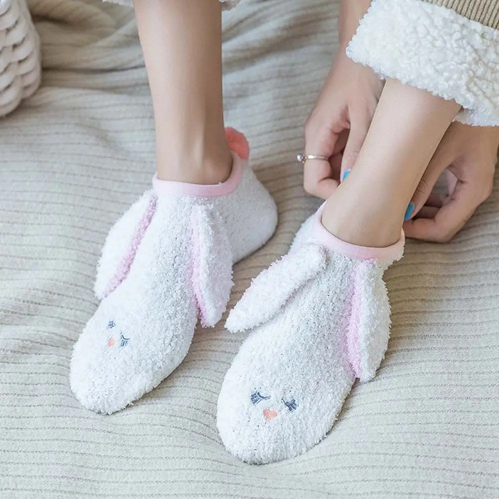 Cute Coral Fleece Floor Socks Cartoon Animal Women Winter Warm Boat Socks Silicone Home Non-slip Short Socks Female