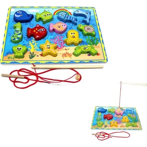 Original Buotique Magnetic 12-Piece Wooden Fishing and Stringing Educational Skill Game