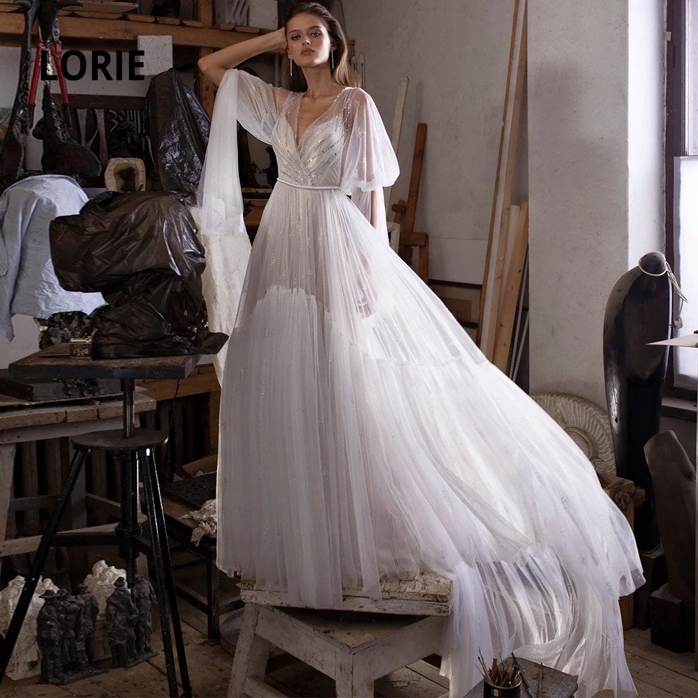 LORIE 2 pieces Long Puffy Sleeve Wedding Dresses Beaded 2020 Soft Tulle Bridal Gowns Boho Hem A-line Long Train Party Dress