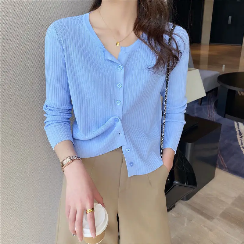 Knitted Sweater Coat Cardigan Women Korean Short Sweater Long Sleeve V Neck Green Blue Air Conditioning Thin Coat Sweater