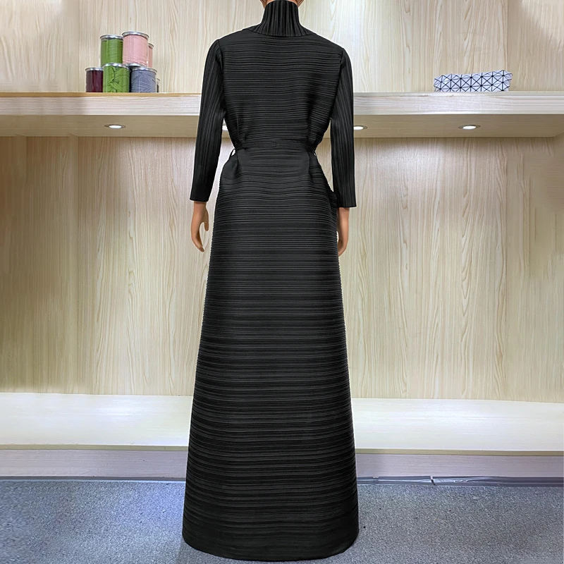 Miyake Pleated Dress Long Cardigan Coats Women 2024 Spring Abaya Fashion Original Designer Belt Sashes Elegant Aesthetic Clothes