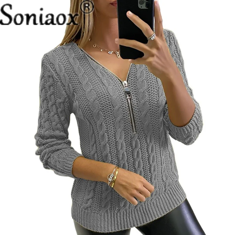 Pull à manches longues pour femmes, décontracté, ample, fermeture éclair, tricoté torsadé, couleur unie, pour le bureau, collection automne et hiver 2021