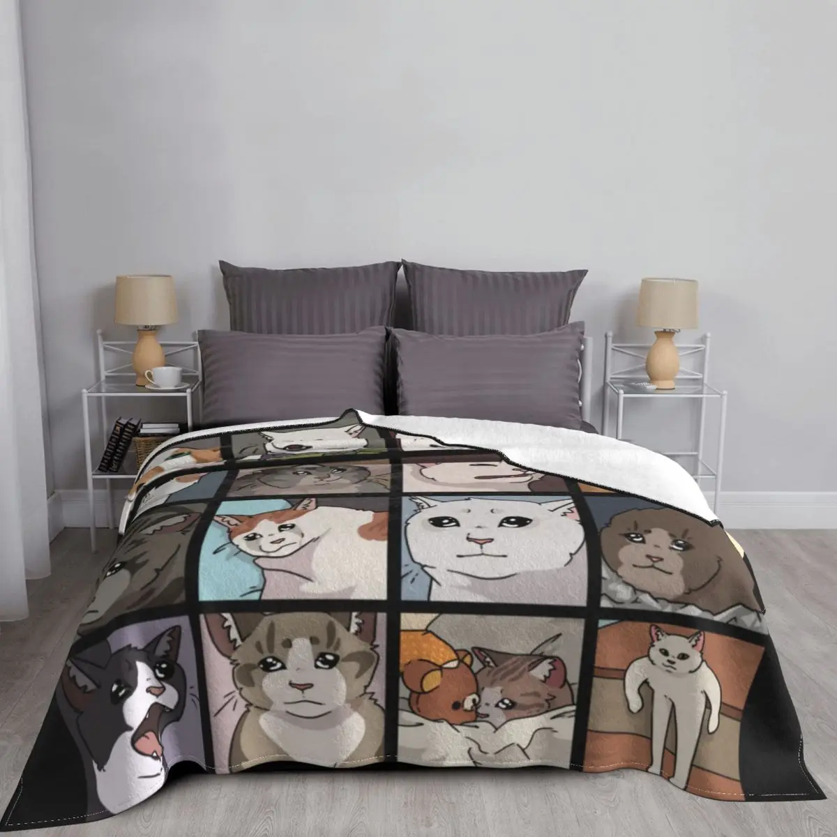 Meme Cat Blankets Flannel Spring/Autumn Cute Funny Multi-function Super Soft Throw Blankets for Bed Travel Bedspread