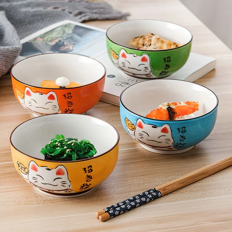 1pcs Multi-size Japanese Lucky Cat Round Ceramic Bowl Restaurant Household Bone China Salad Bowl Noodle Soup Bowl Tableware