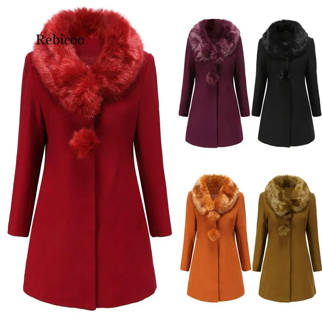 

Rebicoo Womens Coats Women Work Solid Vintage Winter Office Long Sleeve Button Woolen Jacket coat women Abrigo