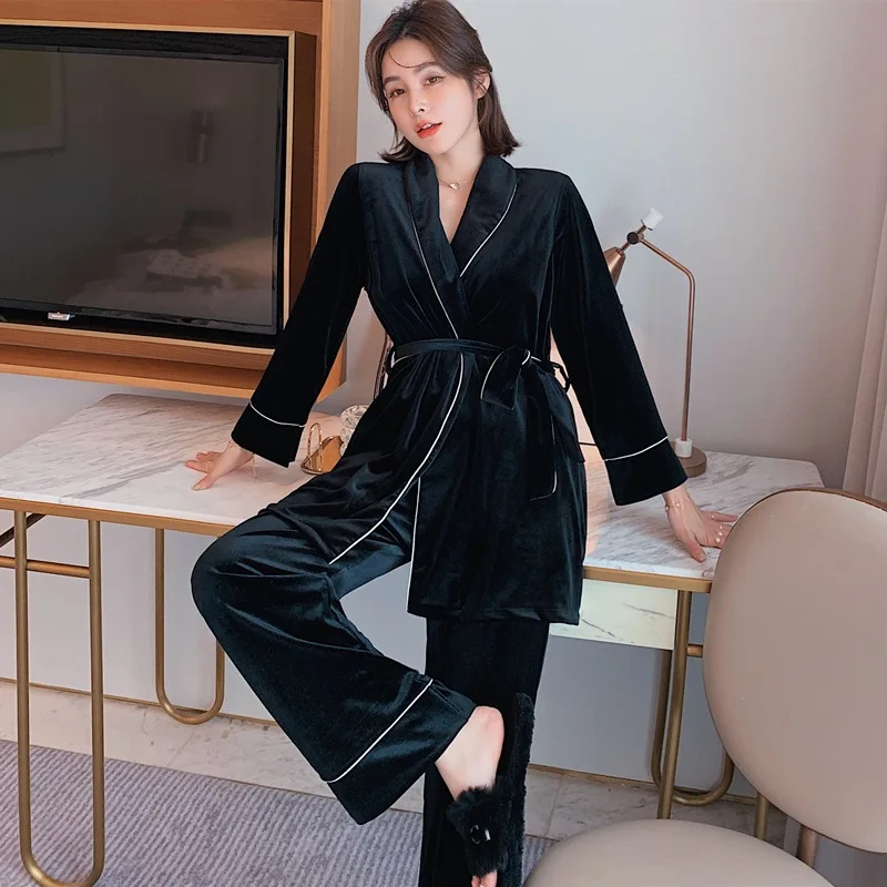 Velvet Pajamas Set Women Sexy Pyjama Long Sleeve Shirt Pants Homewear Gold Velour Belt Sleepwear 2Piece/Set