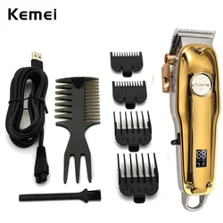 Kemei-Cortadores de cabelo sem fio para homens, barbeiro profissional, aparador de barba, display LCD ajustável, kit de corte