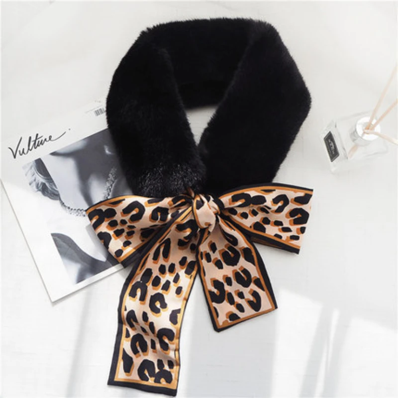 Korean Winter Warm Neckerchief with Leopard Scarf Imitation Rex Rabbit Plush Wild Fur Collar Bow  Hair Band for Women Girls