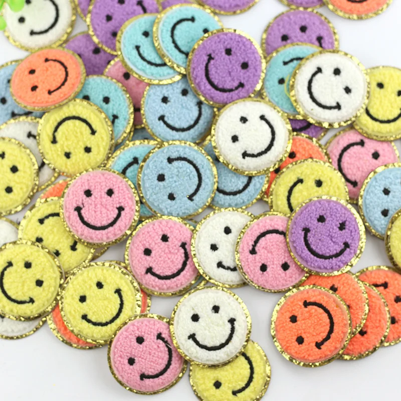 3 Colorful glitter gold rim Chenille Iron on Patches Embroider patch Towel Smile sticker for DIY school bag Applique Round Badge