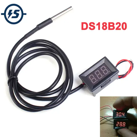 Digital DS18B20 Thermometer Waterproof Temperature Sensor Meter IC Tester LED Display DC4-28V -50~125 Celsius 0.36 Inch Red Blue