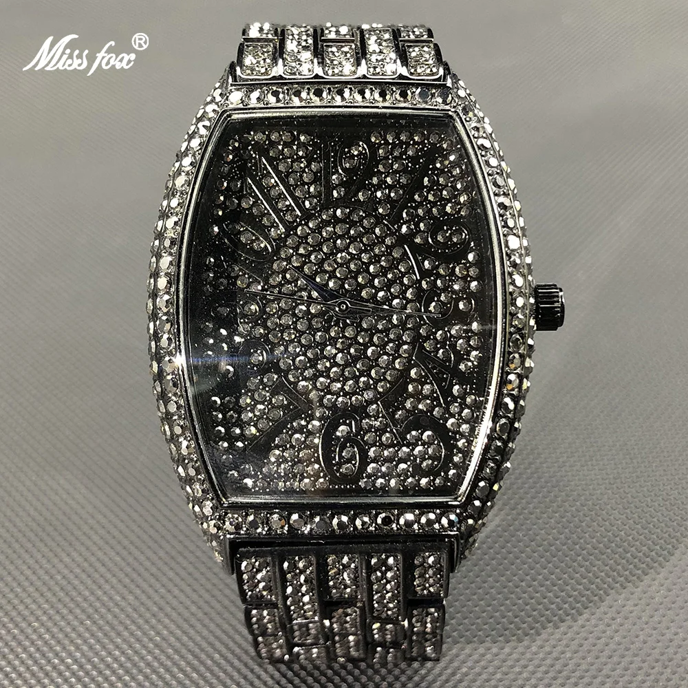 

MISSFOX Luxury Black Men's Watches With Diamond Vast Dial Male Quartz Wristwatch Bling Iced Out Automatic Date Clock Hip Hop