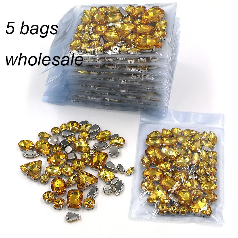 

Wholesale 5 bags Gold yellow mixed shape rhinestones glass crystal sew on rhinestones whth sliver base claws diy clothing