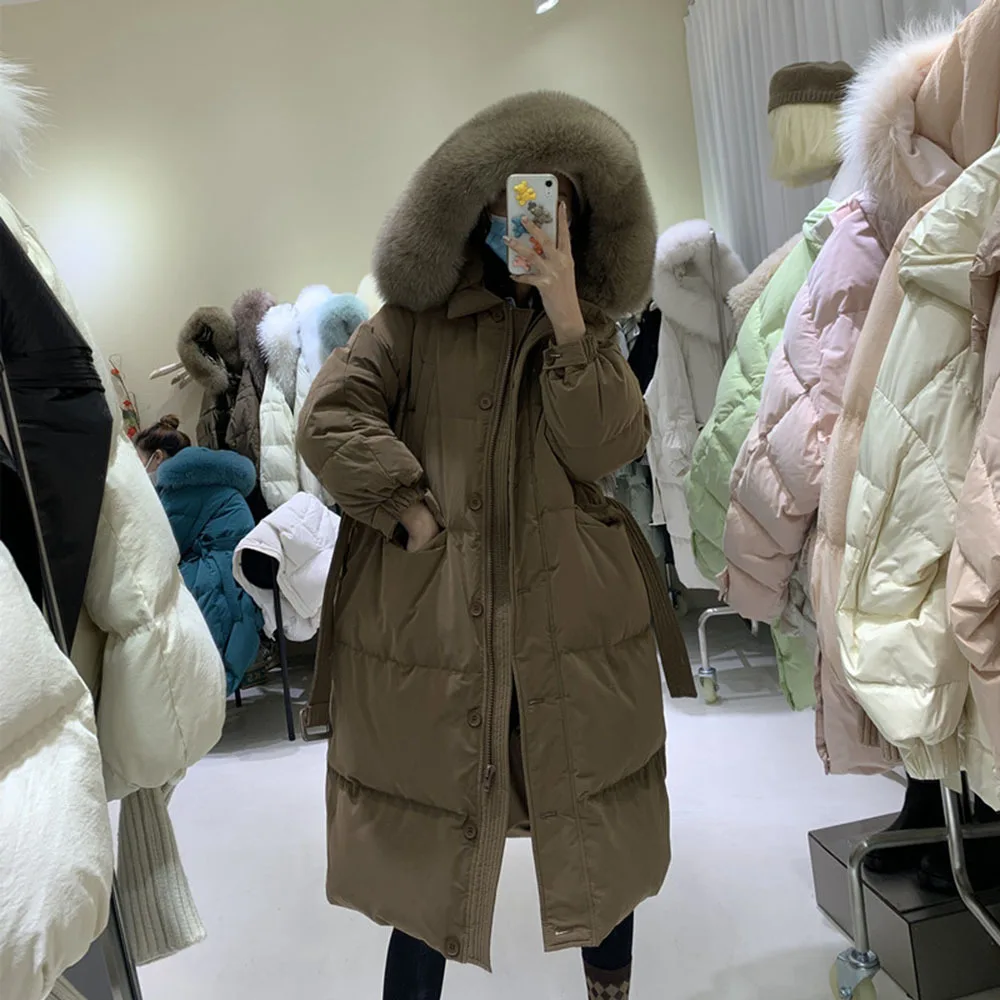 Long Down Jackets Real Fox Fur Women\'s  Winter Coat Female Luxury Thick 90% Duck Down Parkas Puffer Feather Outwear