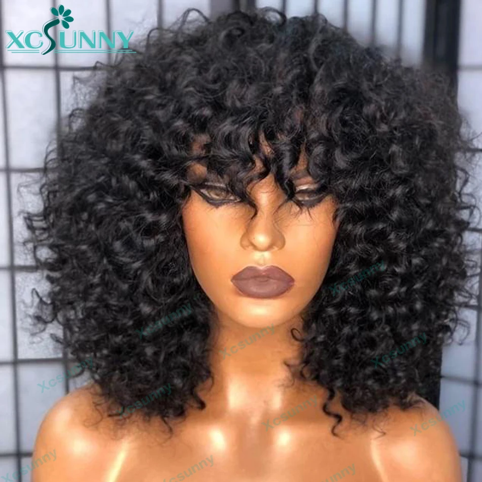 Human Hair Curly Bob Wig With Bangs 200 Density Remy Brazilian Full Machine Made Human Hair Wigs Deep Curly For Women xcsunny