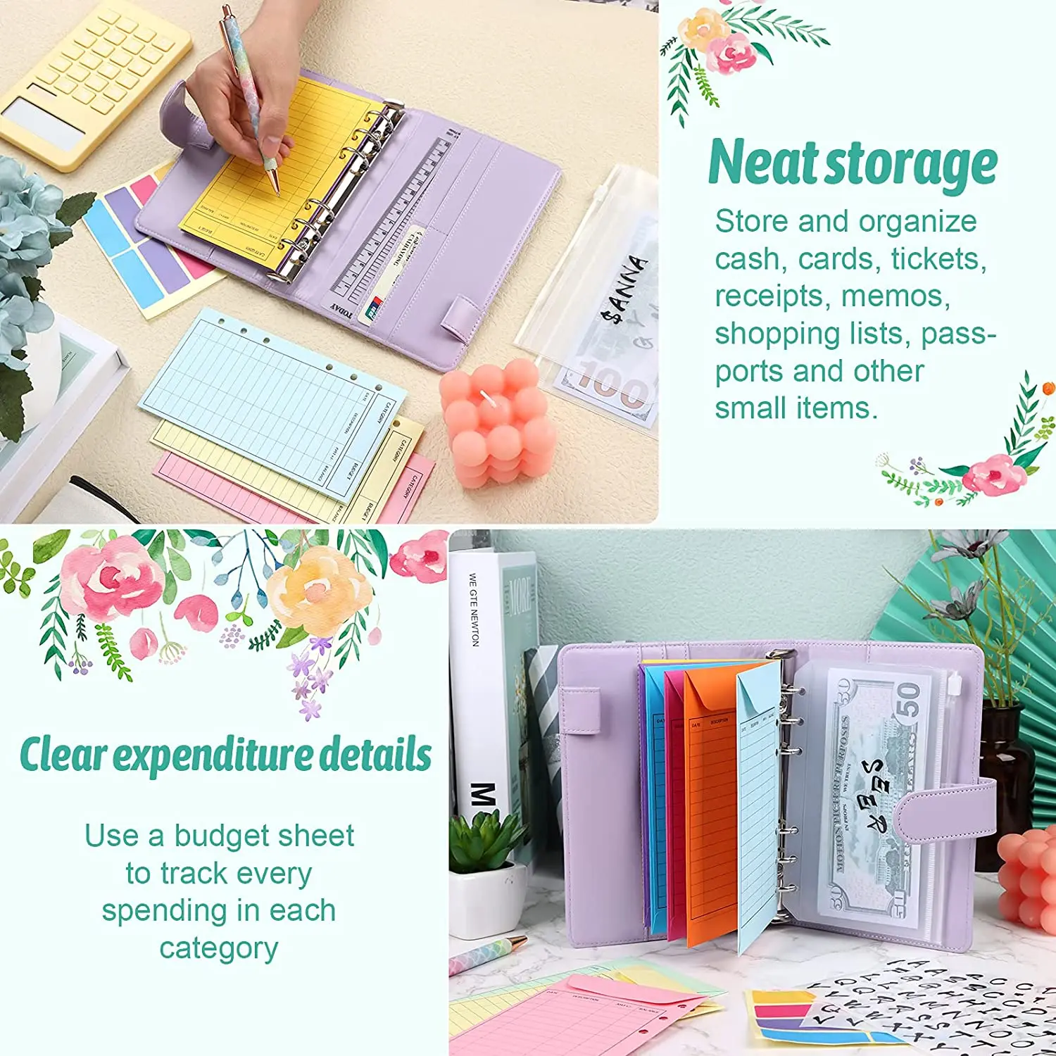 A6 Binder Budget Cash Envelope System Organizer,12 Patterns Budget  Envelopes,Storage Bag, Alphabet Stickers, for Money Planner