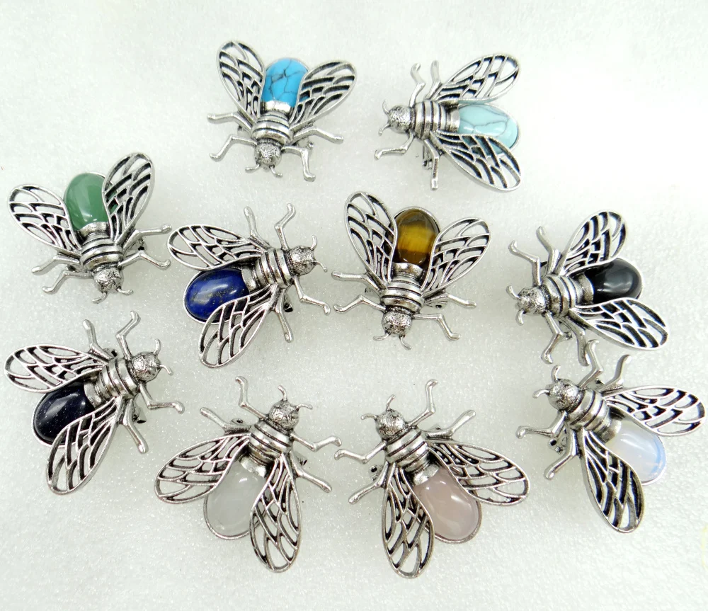 Natural stone pendant mix tiger eye lapis quartz crystal animal bee archaize silver brooch pendant jewelry making 10pcs