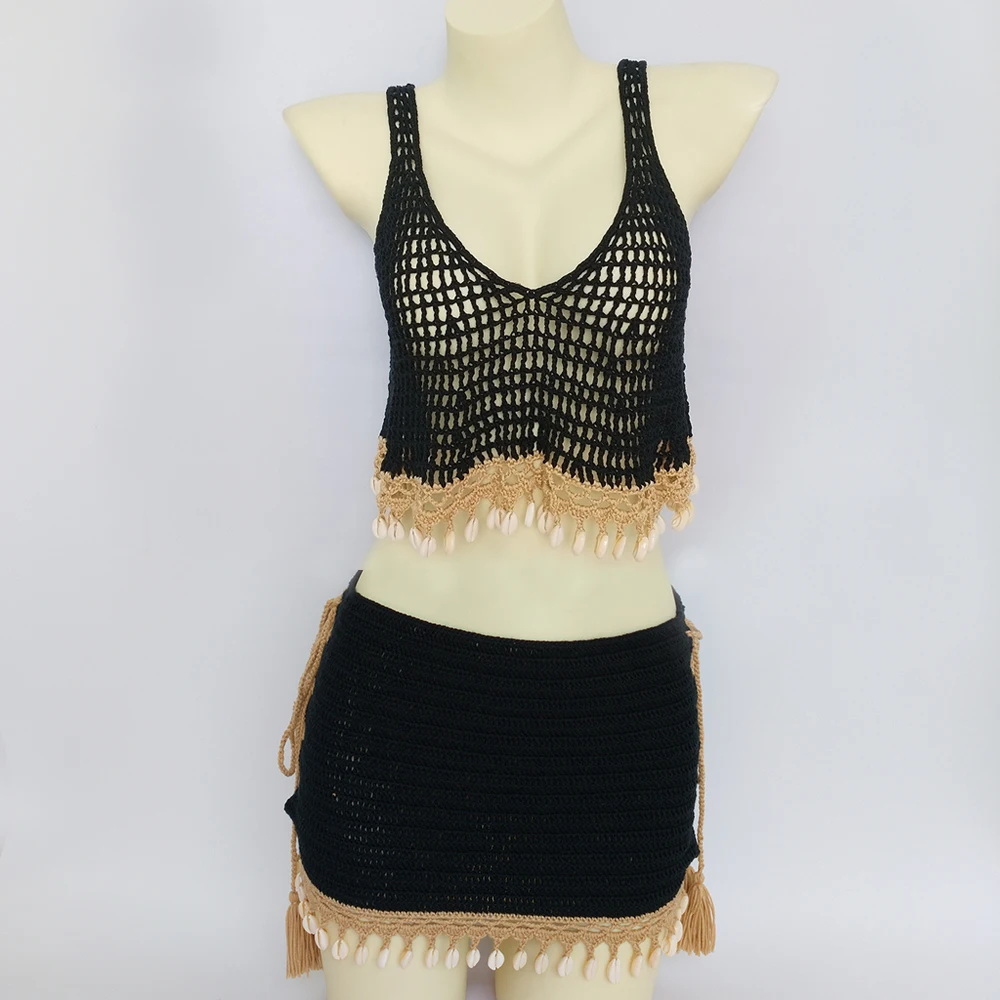 Woman Crochet Set Shell Mesh Bikini Cover Up And Sexy Beach Skirt Lace See Through Slim Mini Skirt