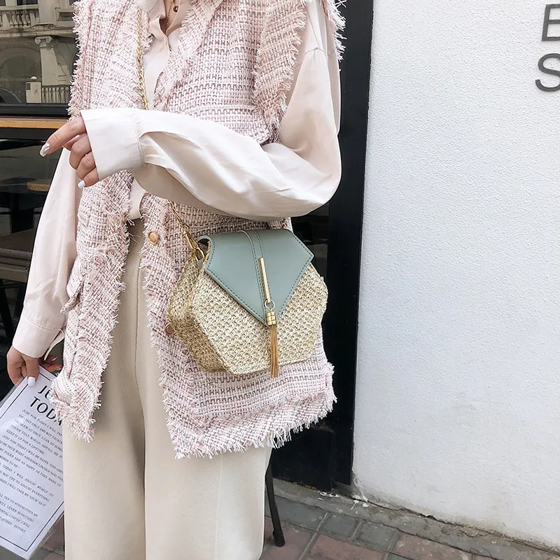 New Fashion Hexagon Mulit Style Straw+leather Handbag Women Summer Rattan Bag Handmade Woven Beach Circle Bohemia Shoulder Bag