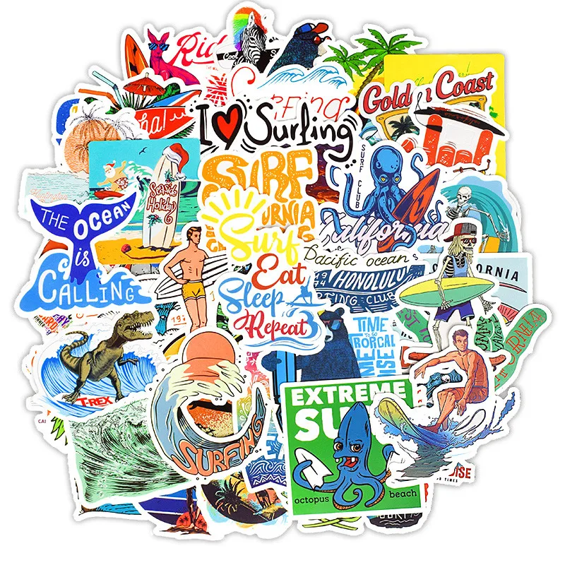 

Summer Surfing Stickers Beach Sport Surf Stickers 50 Pack Laptop Stickers Waterproof Decals Stickers for Mac Macbook Notebook