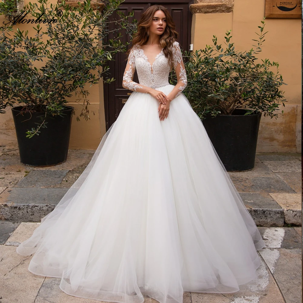 Alonlivn Custom Made Silky Organza V-Neck Full Sleeves A-Line Wedding Dresses Beading Sash Sweep Train Bride Skirts