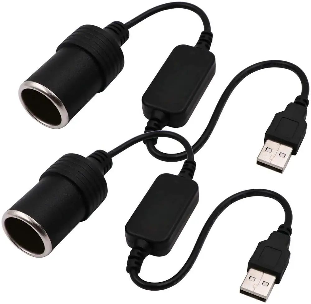 2-Pack USB A Male to 12V Car Cigarette Lighter Socket Female Converter Cable