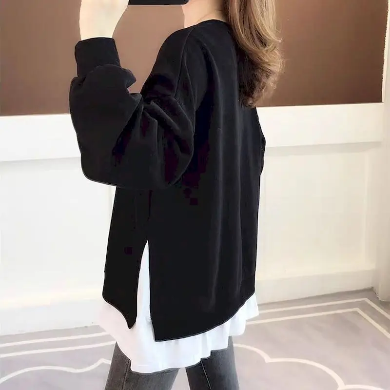 2024 New Spring Autumn Pullover Women\'s Thin Loose Korean Style Fake Two-piece Blouse Clothes Letter Printing Sweatshirt Women