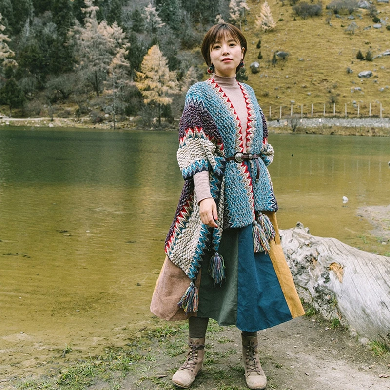 

Boho Mohair Pashmina Blue Sky Cloud Stripe Knit Artsy Scarf Glamping Warm Blanket Coat Casual Gypsy Carpet Women Poncho Sweaters