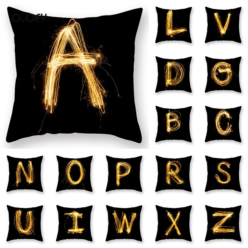 Hot Sale Firework Polyester Square Pillowcase Black Gold Letters Luxury Print Square Zipper Pillowcase Home Bedroom Decoration .