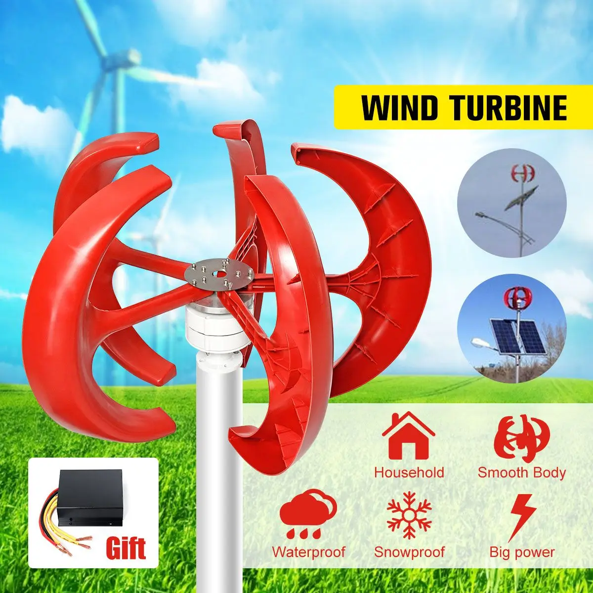 9000W Vertical Axi Wind Turbines Generator Lantern 12V 24V 5 Blades Motor Kit For Home Hybrids Streetlight Electromagnetic