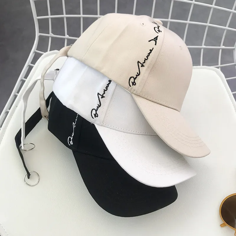 Korean Long Strap Baseball Cap Men's and Women's Letters Embroidered Peaked Cap Iron Ring Trendy Cap Adjustable Cotton Sun Hat