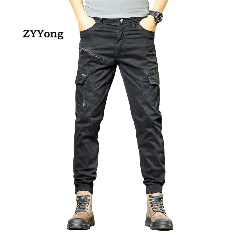 High Street Men's Cargo Pants Cotton Fashion Military Style Multi-Pockets Beam Feet Casual Trousers Elasticity Freight Overalls