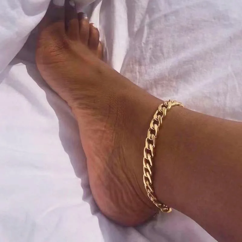 New Stainless Steel Gold Color Curb Cuban Chain Anklets For Women Beach Foot Jewelry Leg Chain Ankle Bracelets Women Accessories